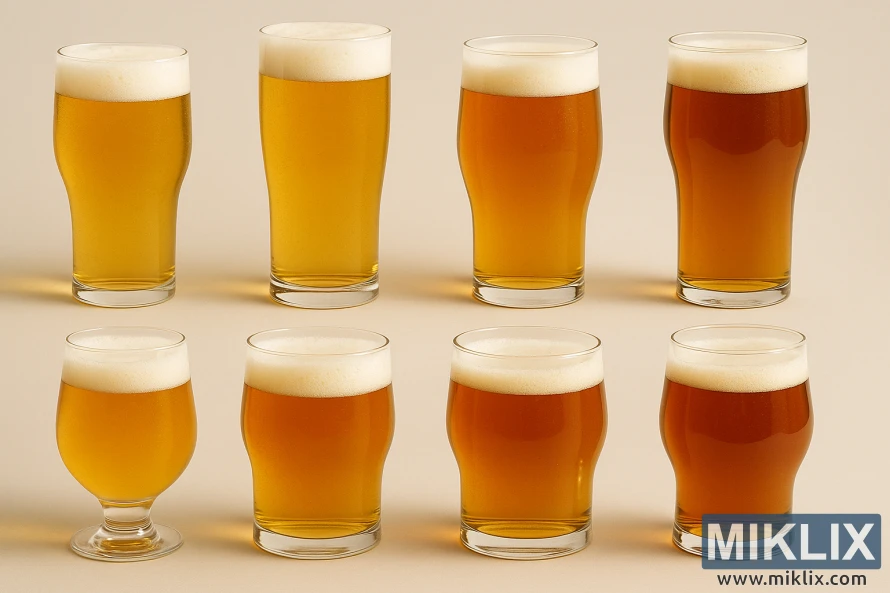 A sleek, minimalist design showcasing an array of beer glasses filled with various lager-style beers. The glasses are arranged in a visually appealing grid layout, each containing a different hue ranging from deep golden to rich amber, reflecting the diverse characteristics of the M84 yeast. The background is a clean, muted color that allows the beers to take center stage. Soft, warm lighting casts subtle shadows, enhancing the depth and texture of the liquid. The overall composition exudes a sense of sophistication and craftsmanship, perfectly capturing the essence of the Bohemian lager style suited for the M84 yeast.