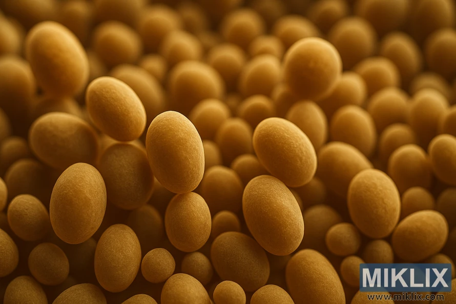 A high-magnification microscopic view of healthy, actively fermenting Mangrove Jack's M84 Bohemian Lager yeast cells. The foreground showcases individual yeast cells, their oval shapes and distinct cell walls clearly visible. The middle ground depicts a dense population of these cells, their numbers and viability indicating optimal fermentation conditions. The background is slightly blurred, drawing the viewer's focus to the detailed cellular structures. Warm, golden lighting casts a soft glow, enhancing the organic texture of the yeast. The overall scene conveys the quality and vitality of the yeast culture, crucial for successful beer fermentation.
