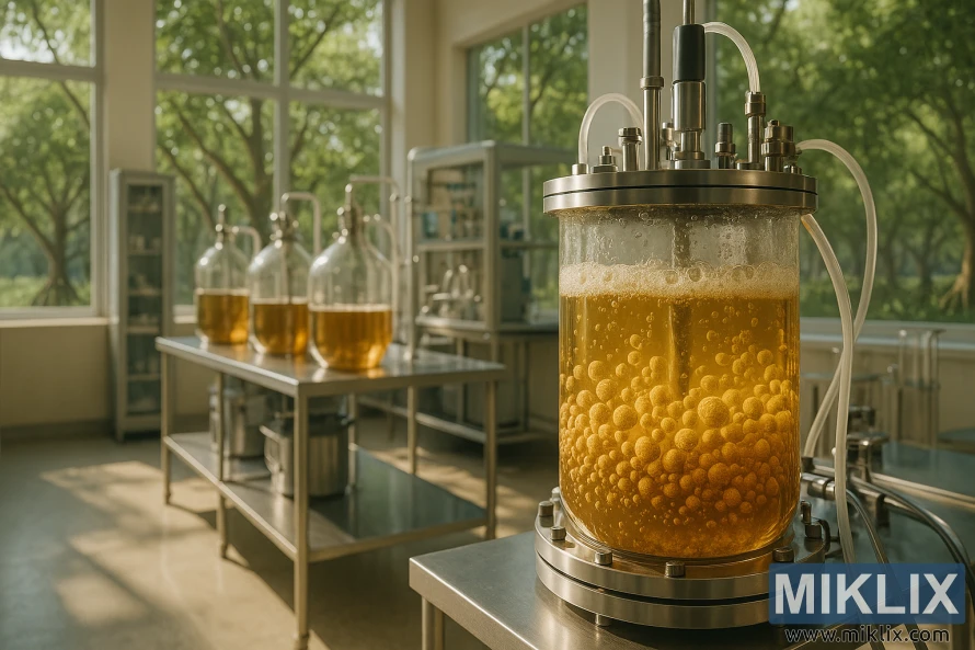A serene, sun-dappled laboratory setting, showcasing the sustainable production of yeast. In the foreground, a state-of-the-art bioreactor bubbles with a rich, golden liquid, teeming with thriving yeast colonies. The middle ground features sleek, glass fermentation tanks, their contents fermenting with efficiency and care. In the background, lush, verdant mangrove trees sway gently, a nod to the eco-friendly nature of the process. Soft, diffused lighting bathes the scene, creating a warm, inviting atmosphere. The overall composition conveys a sense of harmony between science, technology, and the natural world, embodying the principles of sustainable yeast production.