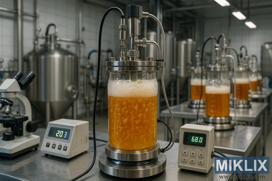A fermentation process of beer, specifically Mangrove Jack's M36 Liberty Bell Ale Yeast, in a modern, well-equipped brewery. In the foreground, a transparent glass vessel filled with a bubbling, golden-hued liquid, representing the active fermentation stage. Surrounding the vessel, various scientific instruments and monitoring equipment, conveying the precise, controlled environment. In the middle ground, rows of similar fermentation vessels, each at different stages of the process, creating a sense of scale and industrial production. The background features the clean, minimalist design of the brewery, with stainless steel tanks, pipes, and a well-lit, temperature-controlled workspace. The overall mood is one of technical expertise, scientific rigor, and the artisanal craft of beer-making.
