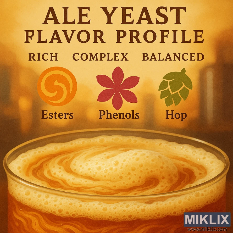 A detailed illustration of the distinct flavor profile of ale yeast, showcasing its rich, complex, and balanced characteristics. In the foreground, a close-up view of freshly fermented wort, with swirling patterns and a creamy, frothy texture. The middle ground features a selection of key flavor and aroma compounds, such as esters, phenols, and subtle hop notes, depicted as vibrant, abstract shapes and colors. In the background, a softly blurred, warm-toned environment evokes the cozy atmosphere of a traditional brewhouse. Soft, natural lighting casts a gentle glow, highlighting the depth and nuance of the yeast-derived flavors. The overall composition conveys the artisanal, handcrafted nature of the fermentation process.