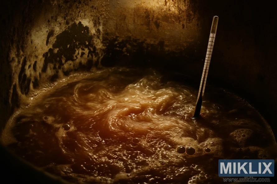 A dimly lit interior of a fermentation tank, with a turbulent, hazy liquid swirling and bubbling. Foamy, off-colored residue clings to the tank walls, indicating potential microbial contamination or yeast stress. The lighting is harsh, casting dramatic shadows and highlighting the uneven, discolored surface of the liquid. In the foreground, a thermometer protrudes, its reading slightly elevated, hinting at temperature fluctuations. The overall atmosphere conveys a sense of unease and concern.