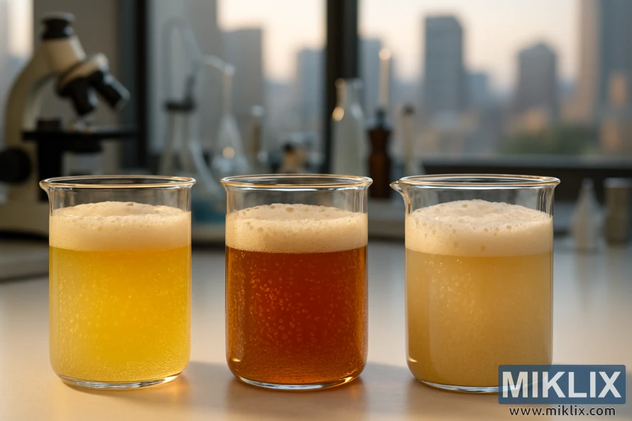 A comparative study of lager yeast strains, captured in meticulous detail. In the foreground, three glass beakers filled with active yeast fermentations, their distinct colors and textures showcasing the diversity of these microorganisms. The middle ground features a clean, well-lit laboratory setup, with scientific instruments and equipment subtly framing the scene. In the background, a blurred out but recognizable cityscape, hinting at the urban setting where this research takes place. Soft, warm lighting illuminates the composition, creating a sense of precision and professionalism. The overall mood is one of scientific inquiry and a dedication to understanding the nuances of lager yeast behavior.