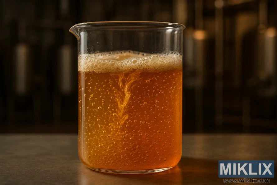 A glass laboratory beaker filled with a cloudy, amber-hued liquid, representing the active fermentation of a craft beer. The liquid swirls gently, with small bubbles rising to the surface, indicating a vigorous, ongoing fermentation process. The beaker is illuminated from the side, casting warm, golden light that highlights the intricate patterns and textures within the liquid. In the background, a blurred, industrial-style backdrop suggests a professional brewing environment, adding to the sense of scientific experimentation and real-world brewing results. The overall scene conveys a sense of technical precision, scientific inquiry, and the transformative power of yeast in the beer-making process.