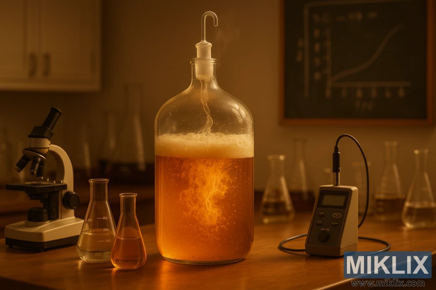 Um interior de laboratório bem iluminado com foco central em um vaso de fermentação de cerveja. O recipiente é parcialmente transparente, revelando a cultura ativa de levedura fermentando uma cerveja de cor dourada. Ao redor do vaso estão vários instrumentos e equipamentos científicos, incluindo um microscópio, frascos de Erlenmeyer e um medidor de pH. A sala é banhada por uma iluminação quente e âmbar que projeta sombras sutis, criando uma atmosfera contemplativa. A cena geral transmite uma sensação de investigação científica e resolução de problemas.