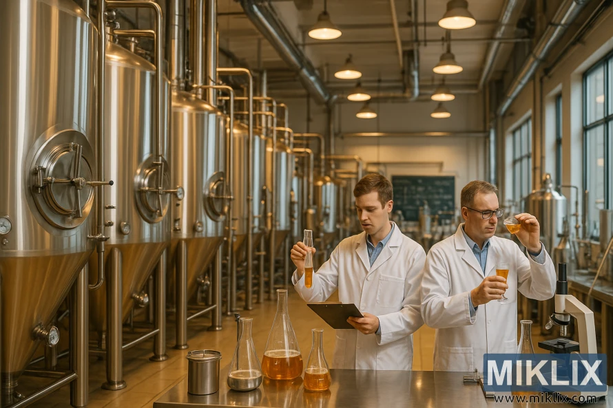 Um interior moderno de cervejaria comercial, iluminado com iluminação aérea quente e grandes janelas. Em primeiro plano, tanques de fermentação de aço inoxidável reluzentes e equipamentos de fabricação de cerveja, meticulosamente limpos e organizados. No meio-termo, trabalhadores de jaleco branco monitoram cuidadosamente o processo de fermentação, verificando amostras e fazendo medições. A atmosfera transmite uma sensação de precisão, eficiência e conhecimento científico aplicado à arte de fabricar.