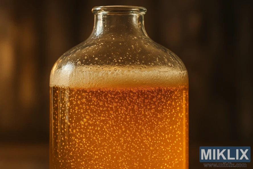 A glass carboy filled with a bubbly, golden liquid, signifying the active fermentation of a premium German lager. Yeast cells vigorously consume the sugars, releasing a steady stream of carbon dioxide bubbles that rise to the surface, creating a mesmerizing display. The carboy is illuminated from behind, casting a warm, amber glow that highlights the effervescence. The scene is captured in sharp focus, emphasizing the intricate details of the fermentation process, while the background remains softly blurred, directing the viewer's attention to the captivating liquid in the foreground.