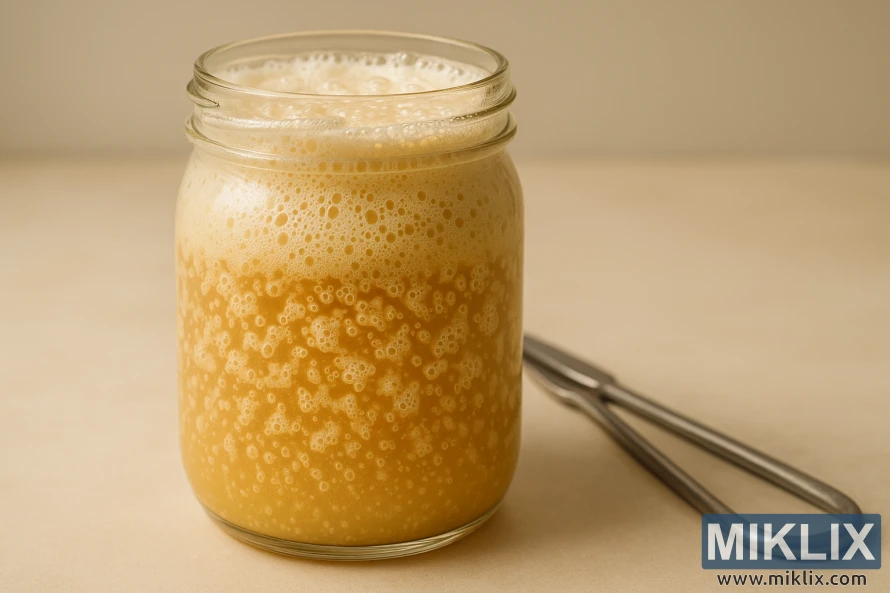 A glass jar filled with active, fermenting beer yeast, its creamy, bubbly texture visible against the clear glass. The yeast particles swirl and dance in the liquid, casting a warm, golden glow under soft, diffused lighting. A pair of brewing tongs rests beside the jar, hinting at the careful, hands-on process of beer fermentation. The background is a clean, neutral surface, allowing the yeast to take center stage and showcase its essential role in creating the perfect German-style beer.