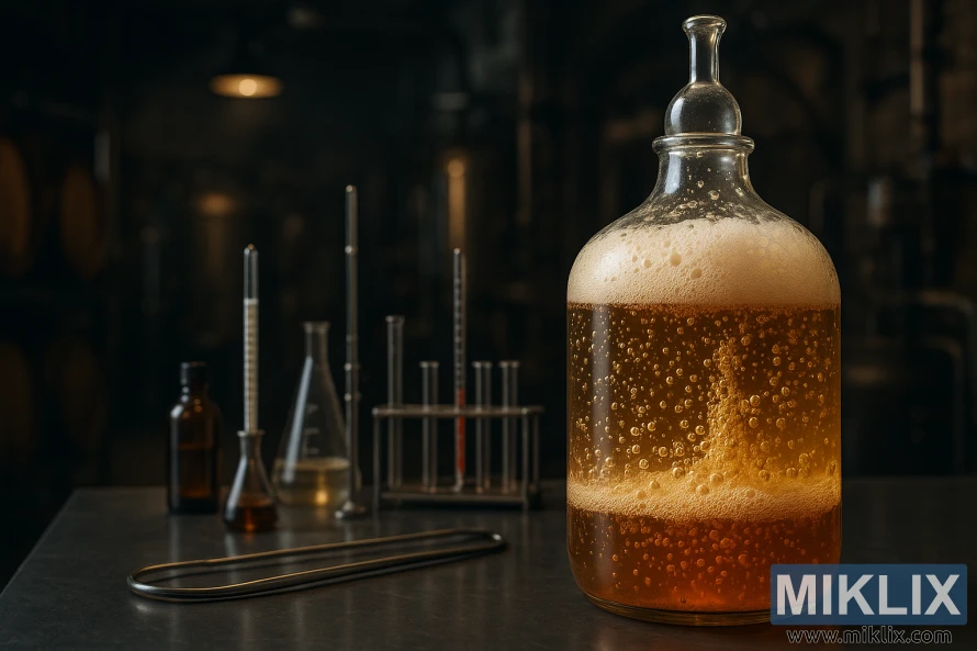 A laboratory setting with a large glass fermentation vessel prominently displayed in the foreground. Inside the vessel, active lager yeast fermentation is depicted, with bubbles and foam visibly rising to the surface. The middle ground features various scientific instruments and equipment related to the brewing process, such as hydrometers, thermometers, and sampling tubes. The background showcases a dimly lit, atmospheric brewery environment, with wooden barrels, metal piping, and subtle lighting to create a moody, industrial ambiance. The overall scene conveys a sense of scientific precision and the delicate balance required in the fermentation of German-style lager beer.