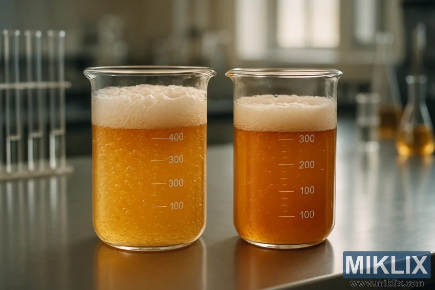 A clean, well-lit laboratory setting with several glass beakers and test tubes arranged on a sleek, stainless steel counter. The focus is on a side-by-side comparison of two distinct yeast strains. The beakers are filled with a bubbly, fermenting liquid, showcasing the active fermentation process. Warm, natural lighting illuminates the scene, casting subtle shadows and highlighting the intricate details of the scientific equipment. The overall mood is one of scientific inquiry and careful analysis, inviting the viewer to closely examine the differences between the two yeast varieties.