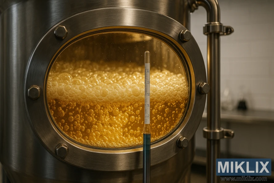 A close-up view of the beer fermentation process, showcasing the active bubbling and foaming of a fermentation tank. The tank is made of stainless steel, with a glass observation window, allowing a clear view of the fermenting liquid. Bright LED lighting illuminates the scene, casting a warm, golden glow that accentuates the lively effervescence. In the foreground, a hydrometer measures the specific gravity, providing insight into the progress of the fermentation. The background features a clean, minimalist laboratory setting, hinting at the scientific precision behind the process. The overall atmosphere conveys the dynamic, yet controlled, nature of beer fermentation.