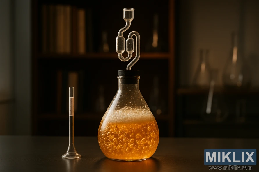 A laboratory setting with a glass fermentation vessel prominently in the center. The vessel is filled with a bubbling, golden liquid, representing the active fermentation process. In the background, a bookshelf with scientific journals and glassware, casting a warm, focused light on the fermentation vessel. The scene conveys a sense of scientific inquiry and the delicate balance of temperature, time, and yeast activity that defines the beer fermentation process. The overall mood is one of precise, controlled experimentation.