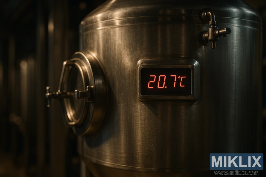 A stainless steel fermentation tank in a dimly lit brewery, with a digital temperature display prominently featured. The tank's exterior has a polished, industrial aesthetic, hinting at the precise temperature control required for successful beer fermentation. The background is blurred, emphasizing the tank and the temperature reading as the focal point. Soft, warm lighting casts subtle shadows, creating a sense of depth and atmosphere. The image conveys the importance of maintaining the optimal fermentation temperature for the yeast.