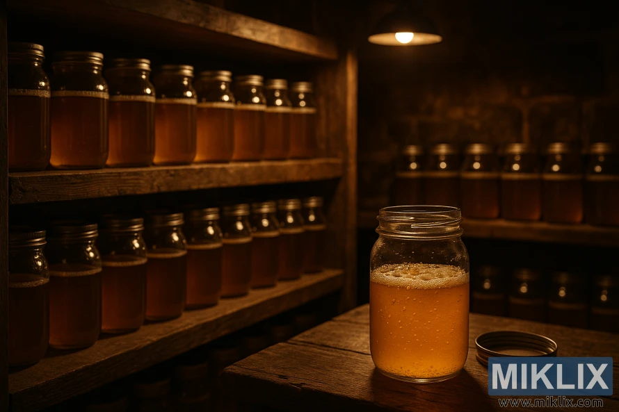 A dimly lit cellar interior, with rows of neatly organized glass jars filled with a golden-hued liquid, their contents glowing softly under the warm glow of a single overhead light. The shelves are made of weathered wood, casting long shadows across the scene. In the foreground, a single jar sits open, revealing the active yeast culture within, its surface gently bubbling. The atmosphere is one of quiet contemplation, the focus on the careful storage and preservation of this precious microbial resource.