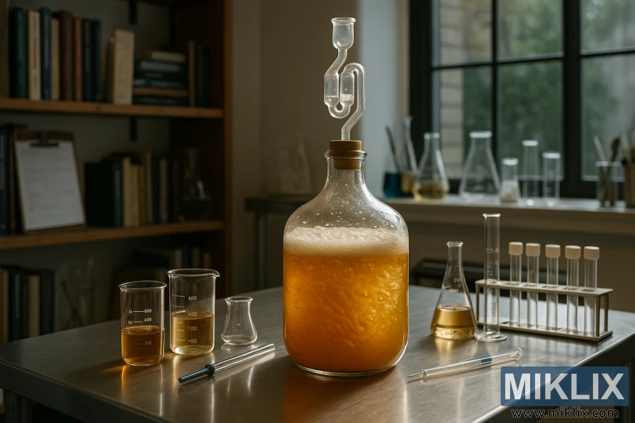 A well-equipped microbrewery laboratory with a focus on yeast fermentation. In the foreground, a glass carboy filled with a swirling, golden-hued liquid, representing the active fermentation of CellarScience Nectar Yeast. Beakers, pipettes, and other scientific instruments are neatly arranged on a stainless steel counter, conveying a sense of precision and attention to detail. Soft, natural lighting from large windows illuminates the scene, casting a warm glow over the scientific equipment. In the background, shelves filled with reference books, notes, and brewing logs suggest a dedicated pursuit of fermentation best practices. An atmosphere of experimentation and expertise pervades the space, reflecting the optimal conditions for crafting exceptional, yeast-driven beers.