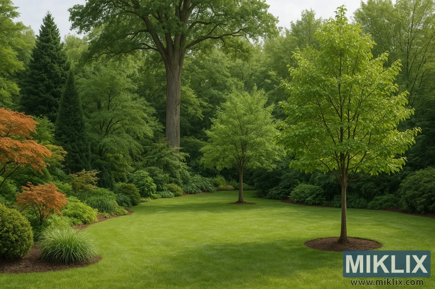 A lush, well-maintained garden in a serene, natural setting. A vibrant green lawn stretches across the foreground, bordered by carefully arranged shrubs and ornamental grasses. Several trees of varying sizes and species are scattered throughout the scene, illustrating different growth stages and conditions. On the left, a Japanese maple displays cascading orange-red leaves, while nearby evergreens add depth with their dense, dark foliage. In the background, a towering mature tree rises majestically, surrounded by other leafy deciduous trees that create a layered canopy. The overall atmosphere feels tranquil and harmonious, showcasing the beauty of plant diversity in a garden landscape.