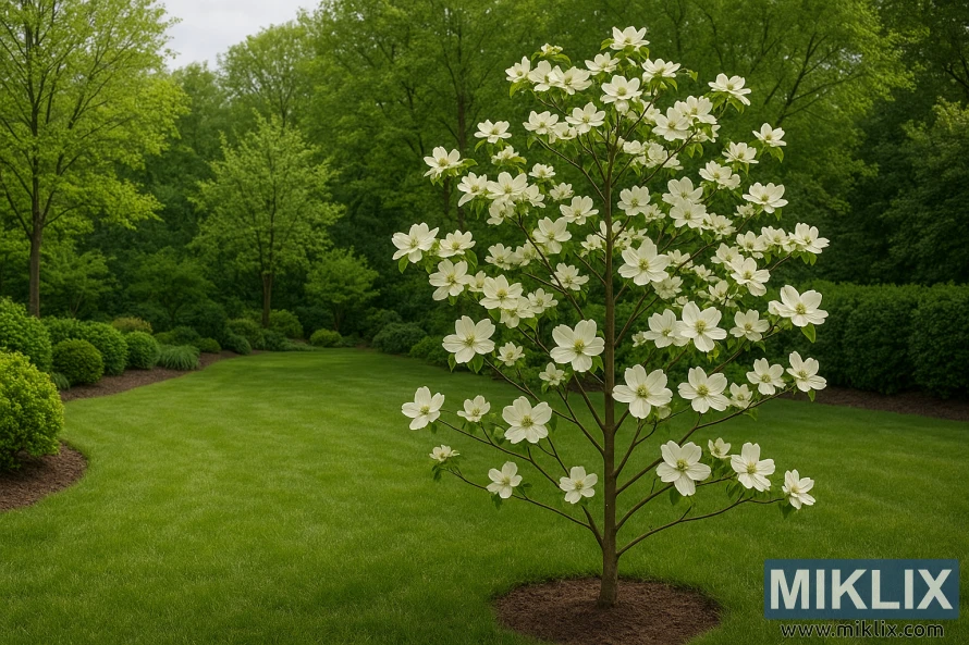 A serene spring garden with a flourishing dogwood tree as the focal point. The tree is adorned with abundant creamy-white blossoms, each flower delicately layered with four petals and a soft green center, creating a striking contrast against the fresh green leaves. The tree stands gracefully on a manicured lawn, its slender branches spreading symmetrically. Surrounding the dogwood are neatly trimmed shrubs and mature deciduous trees, their vibrant foliage forming a lush backdrop. The soft, diffused light enhances the scene’s natural beauty, evoking a calm, refreshing spring atmosphere.