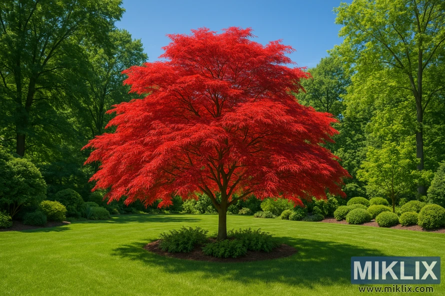 A stunning Japanese maple tree in peak summer, showcasing its vibrant, finely textured red foliage that forms a wide, graceful canopy. The tree stands prominently in the center of a sunlit garden, surrounded by a meticulously maintained green lawn. Rounded shrubs and dense greenery border the garden, contrasting beautifully with the maple’s fiery red leaves. The bright blue sky above enhances the lively summer atmosphere, while soft sunlight filters through the branches, casting delicate shadows on the ground and emphasizing the tree’s intricate leaf structure.