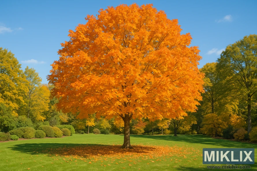 A majestic Sugar Maple tree in full autumn splendor, standing prominently in a vast, manicured garden. Its dense, rounded canopy glows with a breathtaking mix of golden yellow, fiery orange, and hints of deep red leaves, creating a vivid contrast against the clear blue sky. The ground beneath is sprinkled with freshly fallen leaves, adding to the seasonal charm. Surrounding the maple are neatly trimmed shrubs and other trees, their foliage transitioning into softer autumn hues, providing depth and harmony to the scene. The bright sunlight enhances the brilliance of the fall colors, evoking a crisp, serene autumn day.