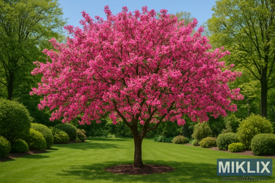 A stunning crabapple tree in full spring bloom, standing proudly in the center of a lush, manicured garden. Its branches are densely covered with clusters of vibrant pink blossoms, creating a soft, cloud-like canopy against the bright blue sky. The tree’s dark, slightly twisted trunk and branches contrast beautifully with the delicate flowers. Surrounding the crabapple are neatly trimmed shrubs and a smooth, green lawn, all bathed in warm sunlight. The scene radiates freshness and tranquility, perfectly capturing the lively essence of spring.