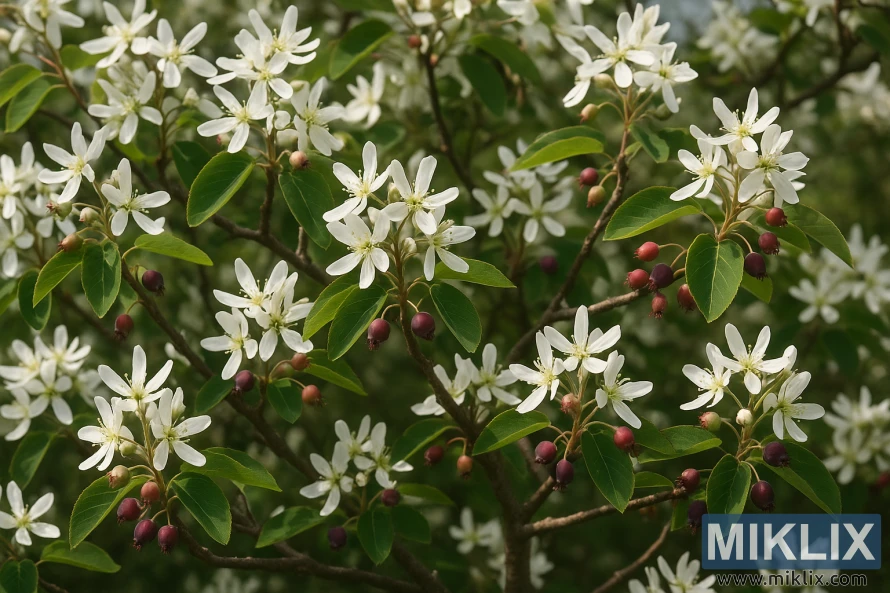 A lush serviceberry tree in full bloom, captured in am up-close, high-resolution style. Numerous delicate, star-shaped white flowers dominate the scene, each with five elongated petals and bright yellow-green centers. The blossoms cluster densely along slender, dark brown branches adorned with rich green, oval-shaped leaves that have smooth edges and prominent veins. Interspersed among the flowers are small, round berries in varying stages of ripeness, transitioning from pale green to deep reddish-purple. The softly blurred background of greenery enhances the sharp detail of the flowers and fruit, creating a vibrant, lifelike portrayal of the tree.