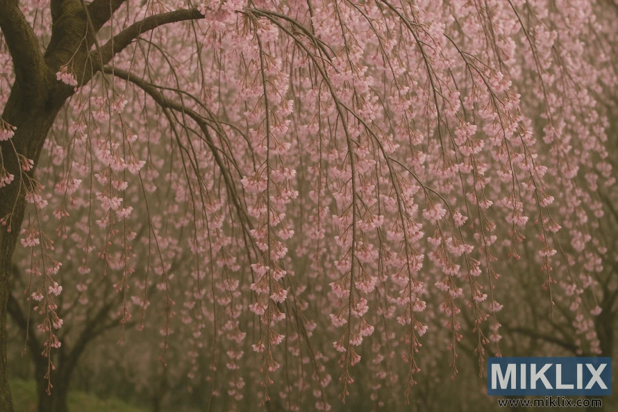 A breathtaking weeping cherry tree in full bloom, its slender branches gracefully arching downward like cascading waterfalls. Each branch is adorned with countless delicate pink blossoms, forming dense clusters that sway gently, giving the scene a dreamlike quality. The petals are soft and translucent, catching subtle light that enhances their pastel hues. The tree’s trunk is thick and textured, covered in patches of moss, adding an earthy contrast to the ethereal flowers. In the blurred background, other cherry trees stand in soft focus, creating a serene, almost magical atmosphere.