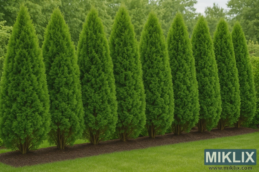 A meticulously arranged row of Arborvitae trees, forming a dense and elegant natural privacy screen in a well-maintained garden. Each tree has a conical, upright shape with lush, vibrant green foliage that appears soft and feathery, tightly packed to create an almost seamless hedge. The lower trunks are visible, emerging from neatly mulched soil, while a smooth, bright green lawn stretches across the foreground. In the background, additional trees and shrubs are softly blurred, enhancing the sense of depth and creating a serene, private garden atmosphere.