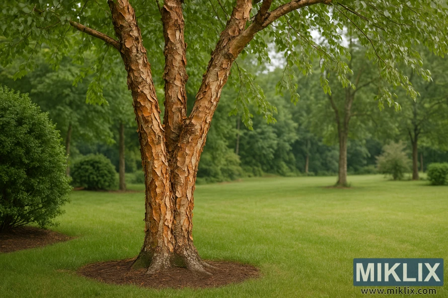 A striking river birch tree standing in a lush landscape. Its distinctive exfoliating bark peels away in curling layers, revealing a mix of warm tan, copper, and reddish-brown hues that contrast beautifully with the surrounding greenery. The tree’s multiple trunks rise gracefully, branching into a canopy of dense, bright green leaves that cast dappled shade on the grass below. A well-maintained lawn stretches across the scene, dotted with rounded shrubs and distant trees, all softened by a tranquil, slightly hazy background, evoking a peaceful, park-like setting.