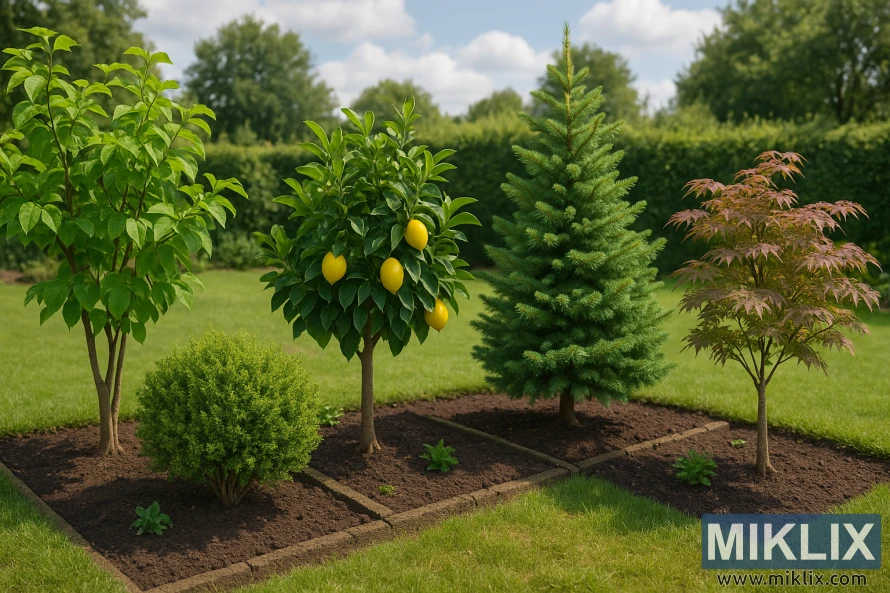 A well-maintained garden with a variety of beginner-friendly trees thriving in neatly arranged raised rectangular beds. The soil appears freshly tilled, dark, and nutrient-rich, bordered by a lush, manicured green lawn. From left to right, the trees include a trifoliate deciduous tree with vibrant green leaves, a small lemon tree bearing several ripe yellow lemons, a young evergreen with dense, soft needle-like foliage, and an elegant Japanese maple with delicate, reddish-brown leaves. A round green shrub fills the foreground, while a trimmed hedge and a partly cloudy blue sky complete the serene and healthy garden setting.