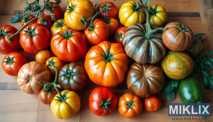 A colorful assortment of heirloom tomatoes arranged on a wooden surface. The tomatoes vary in size, shape, and color, including bright reds, deep oranges, golden yellows, rich greens, and striking striped or marbled varieties. Some tomatoes are smooth and round, while others are ribbed and irregular, highlighting their unique heirloom characteristics. Fresh green stems and leaves remain attached to a few tomatoes, adding a natural, garden-fresh appeal. The vibrant display emphasizes the diversity and beauty of heirloom tomato varieties.