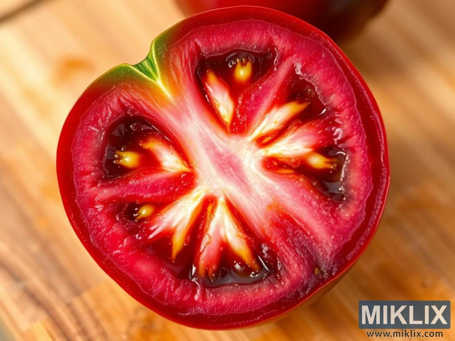 A close-up of a freshly cut tomato half placed on a wooden surface. The tomato’s vibrant red flesh is juicy and glistening, with visible seed cavities filled with gel-like pulp. The inner structure reveals a star-like pattern formed by the white core and radiating seed compartments. The outer skin is smooth and glossy, with a hint of green near the stem area, indicating freshness. The rich color and moist texture highlight the tomato’s ripeness and quality, making it appear fresh and appetizing.