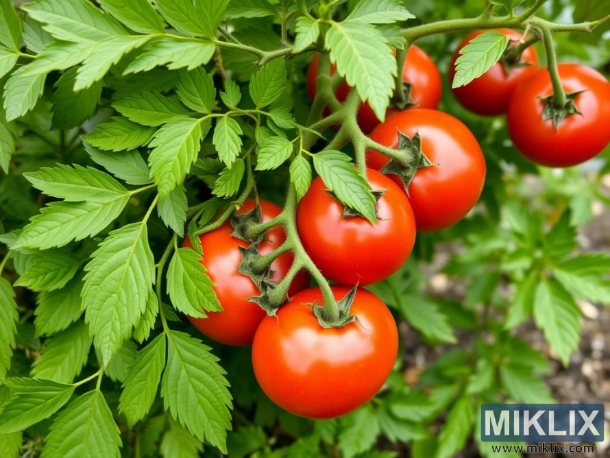 A healthy tomato plant laden with ripe, bright red tomatoes clustered on green vines. The tomatoes are smooth, round, and glossy, indicating peak ripeness. The plant’s lush green leaves surround the fruit, adding vibrant contrast and emphasizing the plant’s health. The background reveals soil and more foliage, suggesting a garden or outdoor cultivation setting. The overall scene captures the natural beauty and abundance of a thriving tomato plant ready for harvest.