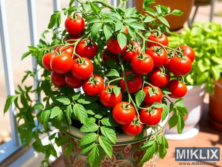 A thriving potted tomato plant loaded with clusters of ripe, vibrant red tomatoes. The fruits are round, glossy, and appear firm, indicating peak ripeness. The plant is lush with healthy green leaves, creating a striking contrast against the bright red tomatoes. The pot is decorative, adding a touch of charm, and other potted plants can be seen blurred in the background, suggesting a balcony or patio garden. The scene highlights the beauty and productivity of homegrown tomatoes in container gardening.