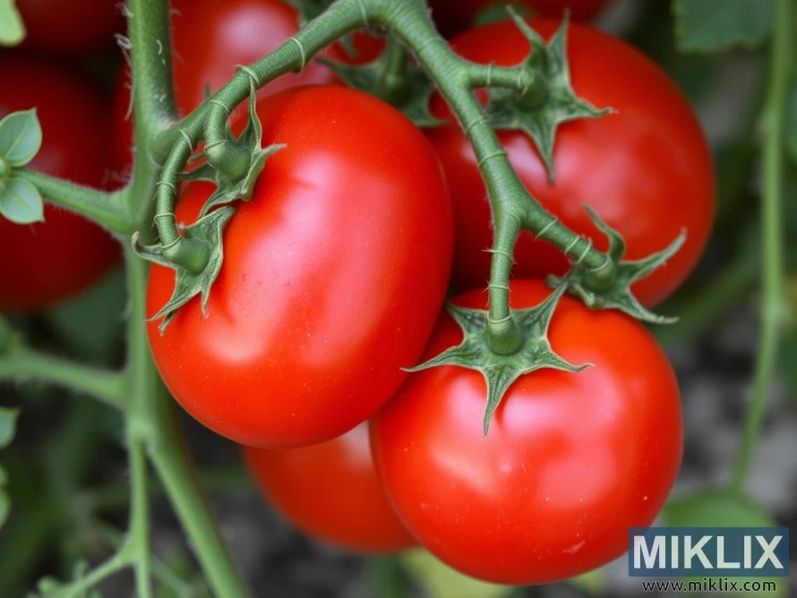 A close-up view of ripe, red tomatoes growing on a vine. The tomatoes are smooth, round, and glossy, indicating peak ripeness and freshness. They are clustered together, still attached to their green stems and surrounded by healthy green foliage. The vibrant contrast between the rich red of the tomatoes and the fresh green of the stems highlights the plant’s vitality. This image captures the natural beauty of vine-ripened tomatoes, showcasing their freshness and garden-to-table appeal.