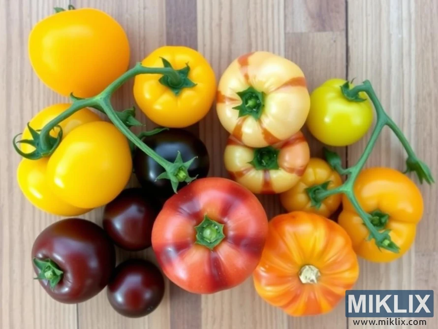 A colorful assortment of heirloom tomatoes arranged on a wooden surface. The tomatoes vary in color, including bright yellow, deep orange, rich red, and dark purple, with some featuring striped or marbled patterns. Their shapes range from round and smooth to ribbed and slightly irregular, showcasing the diversity of heirloom varieties. Some tomatoes are still attached to green vines, adding a fresh, natural touch. The vibrant mix highlights the visual appeal and variety of these unique, garden-fresh tomatoes.