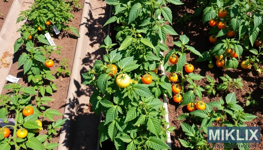 Rows of tomato plants growing in a well-maintained garden or agricultural plot. The plants are lush with healthy green leaves and bear clusters of ripening tomatoes in various stages, from green to yellow and bright orange. The tomatoes hang close to the soil, indicating a compact or determinate variety. The soil appears well-tilled, and some plants have labeled tags, suggesting an experimental or organized cultivation setting. The vibrant mix of foliage and fruit highlights healthy tomato production.