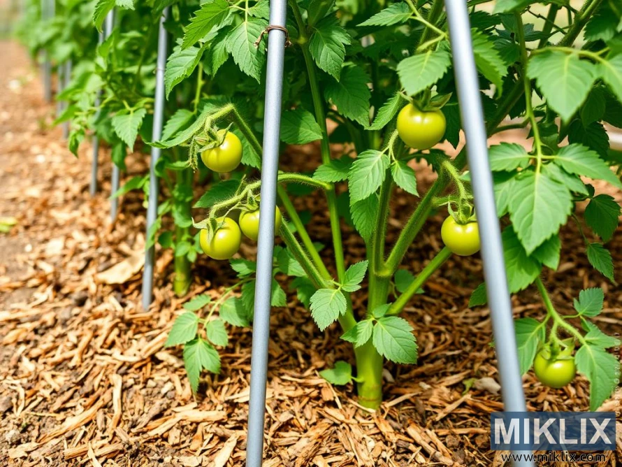 Young tomato plants growing in a well-organized garden bed, supported by metal stakes. The plants are lush with healthy green leaves, and small clusters of unripe green tomatoes hang close to the stems. The soil is covered with mulch, helping to retain moisture and suppress weeds, indicating good gardening practices. The structured setup and healthy growth suggest careful cultivation, with the tomatoes still in an early stage of ripening before turning red.