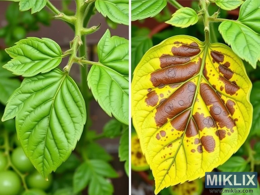 A side-by-side comparison of healthy and unhealthy tomato leaves. On the left, the healthy leaf is vibrant green, smooth, and free from any discoloration or spots, indicating good plant health. On the right, the unhealthy leaf is yellowing with large, dark brown patches and irregular spots, suggesting a fungal or bacterial infection, possibly Septoria leaf spot or bacterial speck. The contrasting conditions highlight the visual symptoms of disease in tomato plants, aiding in quick diagnosis for gardeners and farmers.