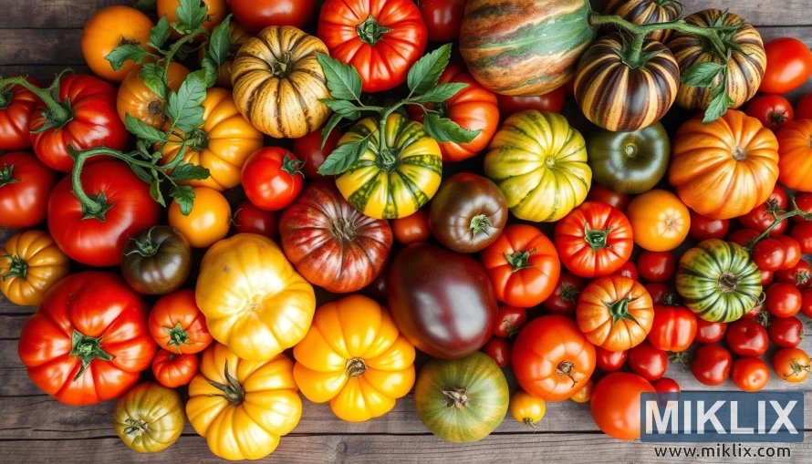 A vibrant assortment of heirloom tomatoes in various shapes, sizes, and colors, arranged on a rustic wooden surface. The tomatoes range from deep reds and bright oranges to golden yellows, greens, and purples, some with striking striped or marbled patterns. Their forms vary from smooth and round to ribbed and irregular, highlighting the diversity of heirloom varieties. A few tomato stems with fresh green leaves are still attached, adding a touch of natural freshness. The overall composition emphasizes the beauty and richness of these colorful, farm-fresh tomatoes.