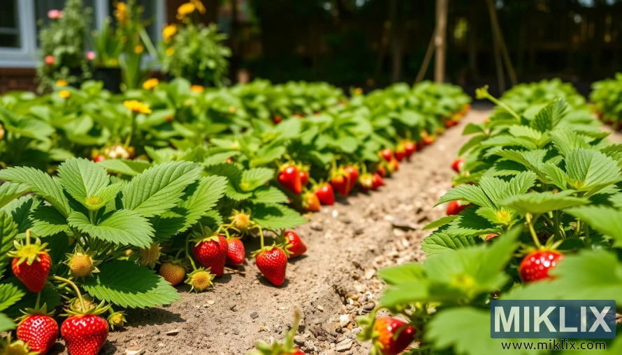 A vibrant strawberry field with rows of lush green plants growing in neat, organized lines. The plants are thriving, with broad, healthy green leaves and numerous ripe, red strawberries hanging close to the soil, ready for harvest. Some strawberries are still in various stages of ripening, displaying shades of green and yellow. The soil appears well-maintained and slightly dry, suggesting a warm and sunny day. In the background, there are blurred flowers and garden elements, adding a colorful and natural atmosphere to the scene.