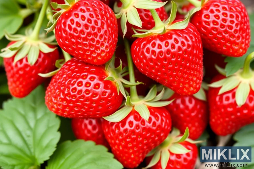 A close-up view of a cluster of ripe strawberries hanging from their green stems. The strawberries are vibrant red, glossy, and plump, indicating peak ripeness and freshness. Their surface is dotted with tiny, evenly spaced seeds, and the green leafy caps contrast beautifully with the rich red color of the fruit. The background features green strawberry leaves, slightly out of focus, emphasizing the fruits as the main subject. The overall scene conveys a sense of freshness and abundance, typical of a healthy strawberry harvest.