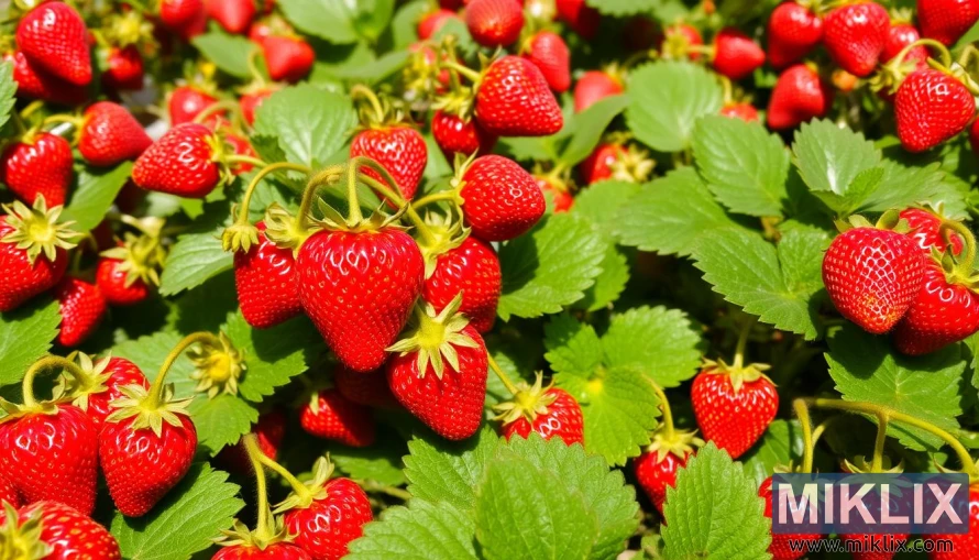 A thriving strawberry plant laden with clusters of ripe, red strawberries. The fruits are plump, glossy, and perfectly formed, with tiny golden seeds dotting their surface. Their bright red color contrasts beautifully with the lush green leaves that surround them. Some strawberries are hanging in bunches, connected by slender stems, indicating a healthy and abundant harvest. The sunlight enhances the natural vibrancy of the strawberries and leaves, giving the scene a fresh, inviting, and summery feel.