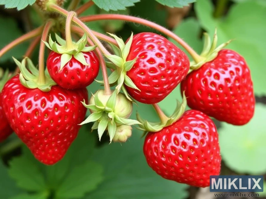 A close-up view of a cluster of ripe strawberries hanging from their stems. The strawberries are plump, vibrant red, and have a glossy sheen, indicating peak ripeness. Their surfaces are dotted with tiny, golden seeds, and they are attached to green leafy caps. The stems are slender and slightly curved, supporting multiple berries in different stages of ripeness, including a few unripe green ones. The lush green leaves in the background enhance the vivid contrast, creating a fresh and appetizing scene.