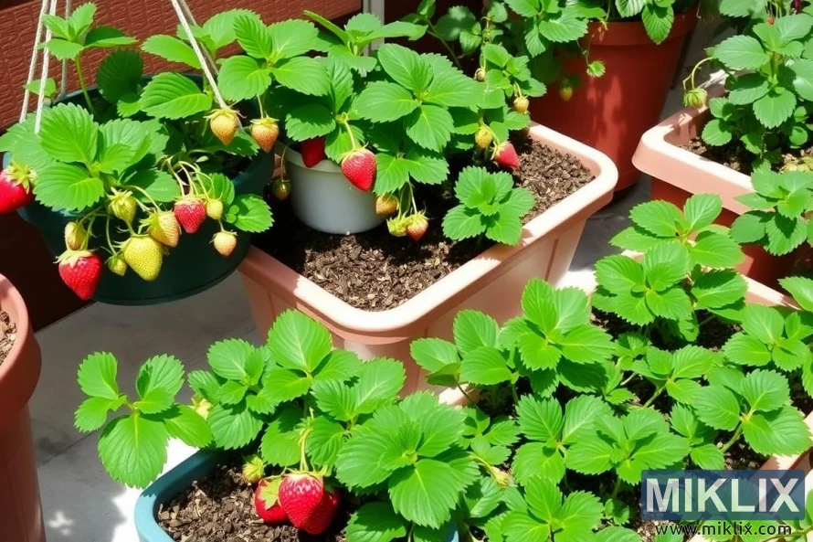 A small-scale strawberry garden with several plants growing in pots and containers. The strawberry plants have lush, bright green leaves and are thriving in well-maintained soil. Clusters of strawberries in various stages of ripeness hang from the plants, ranging from green and yellowish to bright red, indicating healthy growth. Some of the strawberries are nearly ready for harvest, while others are still developing. The setup appears to be on a patio or balcony, making it an excellent example of container gardening for fresh homegrown strawberries.
