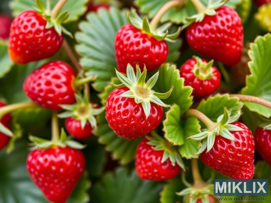 A close-up view of ripe strawberries growing abundantly among lush green leaves. The strawberries are bright red, plump, and glossy, with tiny golden seeds decorating their surface. Their leafy green caps contrast vividly with the rich red color, making the fruits look fresh and appealing. The leaves around them are healthy and vibrant, indicating well-nourished plants. This scene captures the essence of a thriving strawberry plant at peak ripeness, ready for harvest and perfect for fresh consumption.