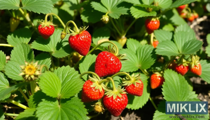 A healthy strawberry plant with several ripe, bright red strawberries hanging among lush green leaves. The strawberries are plump, glossy, and covered with tiny golden seeds, indicating peak ripeness. Some unripe fruits and flower buds are also visible, showing different growth stages on the plant. The leaves are broad, vibrant green, and slightly serrated, thriving under natural sunlight. The rich contrast between the red strawberries and green foliage highlights the freshness and vitality of the plant, suggesting an ideal harvest-ready garden scene.