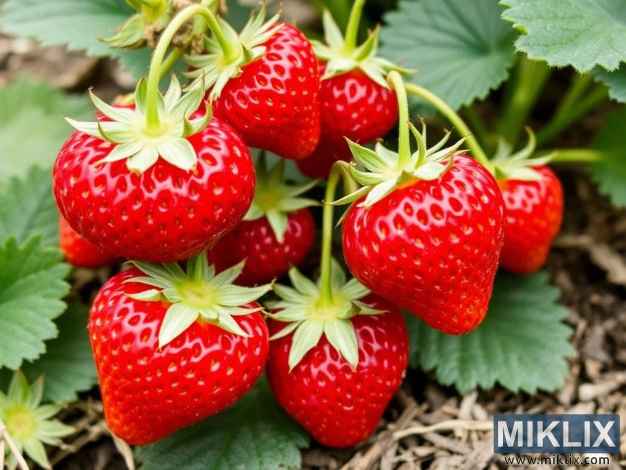 A close-up view of a strawberry plant bearing a cluster of ripe, vibrant red strawberries. The fruits are plump, glossy, and adorned with tiny golden seeds, showcasing their freshness and perfect ripeness. They hang from slender green stems and are topped with leafy green caps. Surrounding the strawberries are healthy, broad green leaves, adding to the lush and thriving appearance of the plant. The earthy background and natural sunlight enhance the rich red color, evoking the feeling of a fresh and abundant harvest.