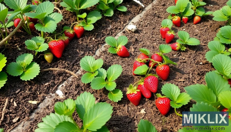 A strawberry patch with rows of young plants growing in rich, well-maintained soil. The plants have bright green, healthy leaves, and many are bearing clusters of ripe, glossy red strawberries, ready for harvest. Some strawberries are still ripening, showing shades of green and pale red. The soil looks loose and well-prepared, ideal for healthy plant growth. The scene reflects a productive and thriving strawberry garden, with the sunlight enhancing the vivid contrast between the red fruits and green foliage.