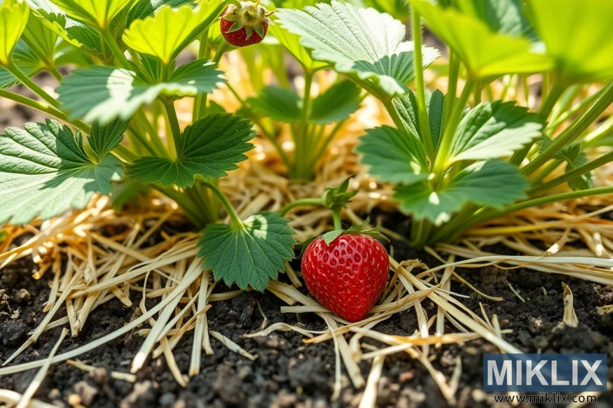 A close-up of a strawberry plant growing in a garden bed. A single ripe, bright red strawberry rests on a bed of straw mulch, contrasting beautifully with the dark soil beneath. The plant’s green leaves are broad and vibrant, with sunlight casting a warm glow over them. Another partially visible strawberry is hanging from the plant, still attached to its stem. The use of straw mulch suggests careful cultivation, helping to keep the fruit clean and the soil moist, reflecting healthy and well-maintained gardening practices.
