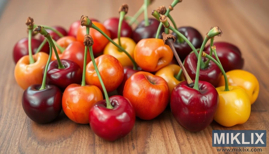 A close-up of a pile of fresh cherries in various colors, arranged on a wooden surface. The cherries display a vibrant range of hues, including deep red, bright red, orange, and yellow, highlighting their ripeness and variety. Each cherry has a glossy, smooth skin that reflects light, emphasizing their juiciness and freshness. The stems, still attached, vary in length and some have dried tips, adding a natural and organic touch. The warm wooden background contrasts beautifully with the cherries, enhancing their vivid colors and making them appear even more appetizing.